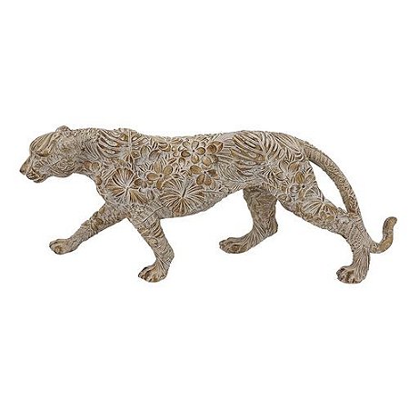 ESCULTURA LEOA DE RESINA BEGE TRABALHADA 35cm