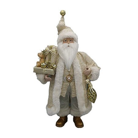 Papai Noel em Pe Branco e Dourado Segurando Presentes
