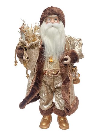 Papai Noel em Pe Marrom e Nude com saco de presentes 45cm