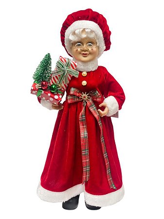 Mamae Noel em Pe com vestido Vermelho e arvore 45cm