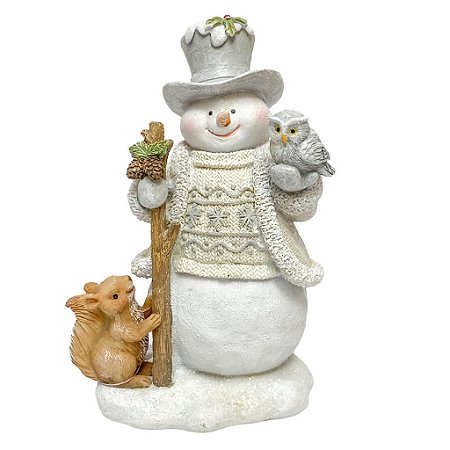 Escultura Boneco de Neve Branco com Coruja e Esquilo