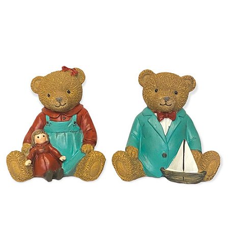 Escultura de natal Casal De Ursos Azul e Vermelho em Resina