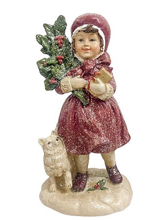 ESCULTURA NATALINA MENINA C/PINHEIRO E CACHORRO EM RESINA