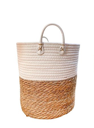 CESTO PHILIPPE EM FIBRA DE ALGODAO NATURAL E BRANCO G