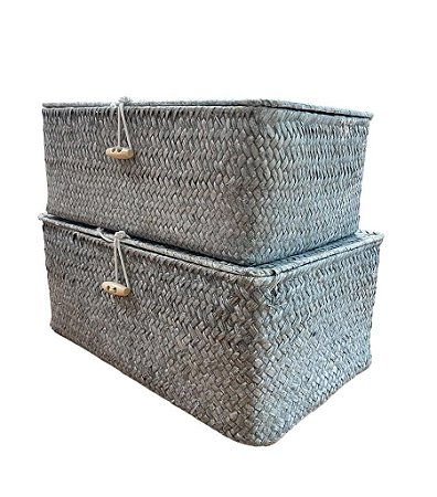 PAR DE CESTOS COM TAMPA DE PALHA CINZA RUSTICO DECORATIVO