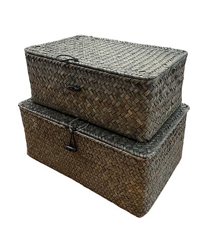PAR DE CESTOS COM TAMPA DE PALHA PRETO ANTIGO RUSTICO DECOR