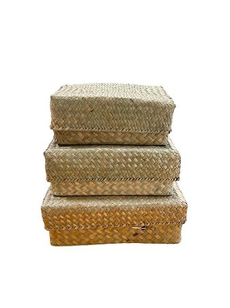 TRIO DE CESTOS COM TAMPA DE PALHA NATURAL DECOR