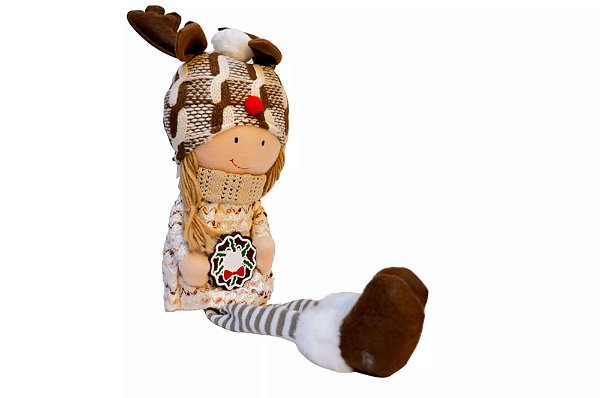 Boneca Natalina decor com gorro de Alce Sentada Marrom 48cm
