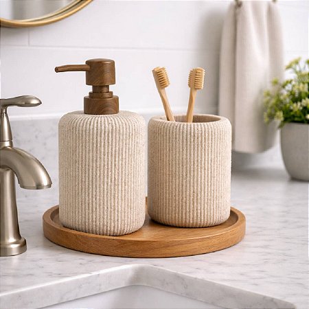KIT BANHEIRO SABONETE LIQUIDO E COPO RUSTIC AREIA MART