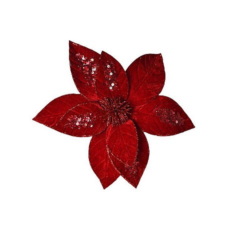 Flor Decorativa Poinsetia Vermelha em Veludo 34cm