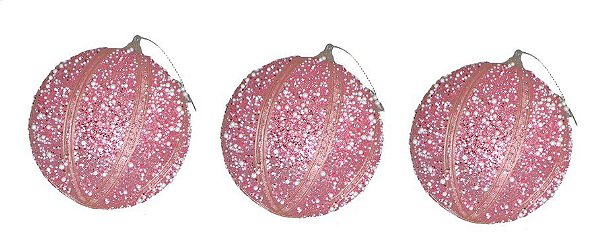 Trio de Bola de Natal Rosa e Branco c/ Brilho e Textura 10cm