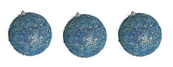 Trio Bola de Natal Azul com brilho em paete 10cm