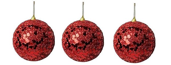 Trio de Bola de Natal Vermelha c/ brilho em paete 10cm