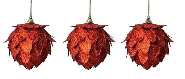 Trio de Bola de Natal Flor Vermelha Petalas com Brilho 10cm