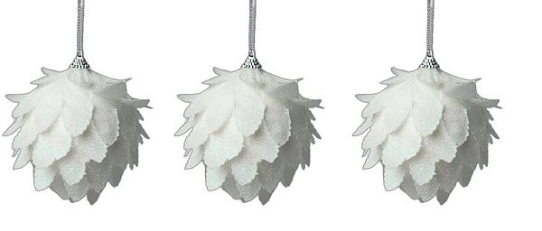 Trio Bola de Natal Flor Branca com Brilho petalas 10cm