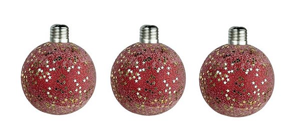 Trio Bola de Natal Vermelha com estrelas dourada e Led 10cm