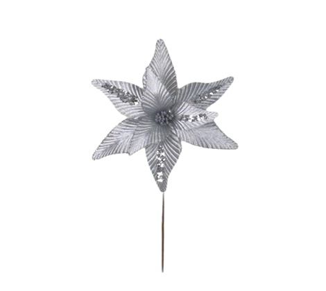 Flor Poinsetia Decorativa Prata com Brilho 29cm