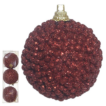 BOLA DECORADA NATAL C/ GLITTER NO PVC C/3 UND (VERMELHO) 6cm