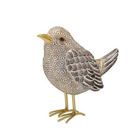 ESCULTURA PASSARO EM RESINA MARROM, BRANCO E DOURADO DECOR