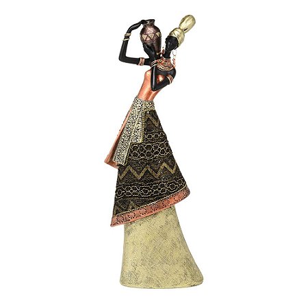 ESCULTURA MULHER AFRICANA RESINA DOURADO PRETO LARANJA 34cm