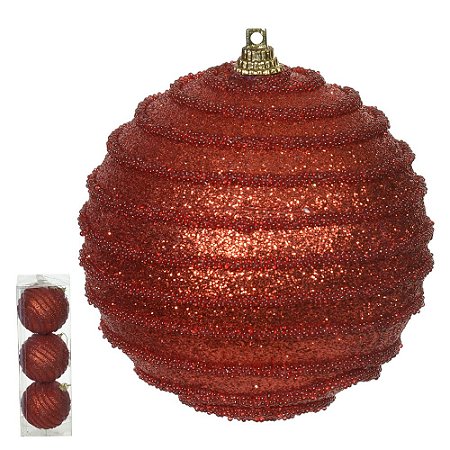 KIT 3 BOLA DECORADA NATAL C/ GLITTER NO PVC (VERMELHO) 8cm