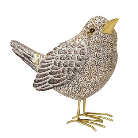 ESCULTURA PASSARO EM RESINA DOURADO, MARROM E BRANCO 20cm