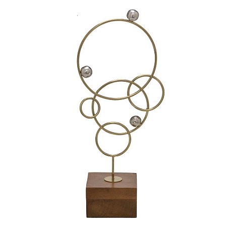 ESCULTURA DECORATIVA CIRCULOS METAL E MADEIRA DOURADO 46cm