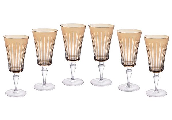 CJ 6 TAÇAS DE CRISTAL VINHO OU AGUA LAPIDADAS AMBAR