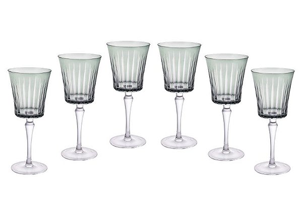CJ 6 TAÇAS DE CRISTAL VINHO OU AGUA LAPIDADAS VERDE DECOR