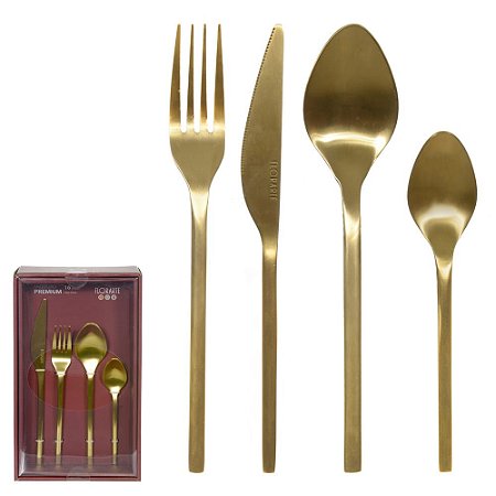 FAQUEIRO ACO INOX C/16 PECAS PREMIUM DOURADO FOSCO FLORARTE