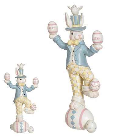 ESCULTURA COELHO MALABARISTA C/ OVOS EM RESINA COLORIDO