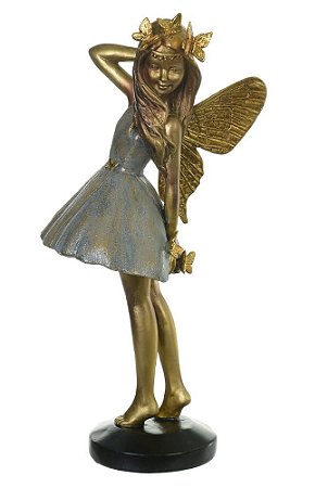 ESCULTURA DECOR POLIRESINA MENINA FADA VERDE E DOURADO 24,5cm