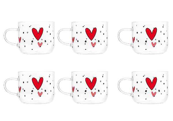 CJ 6 CANECAS DE VIDRO BOROSSILICATO C/ CORAÇÃO WOLFF 120ML