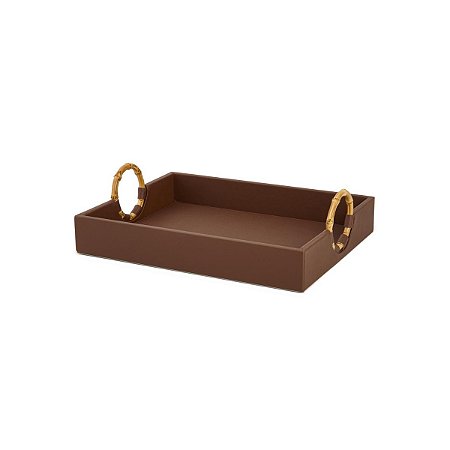 BANDEJA EM MDF E PU MARROM COM ALÇA EM BAMBU MART 40cm