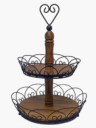 BANDEJA ROCOCO 2 CAMADAS EM MADEIRA COM FERRO MARROM 51,5cm