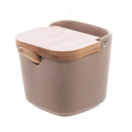 SALEIRO DE CERAMICA TAMPA E COLHER DE BAMBU AREIA WOLFF 9cm