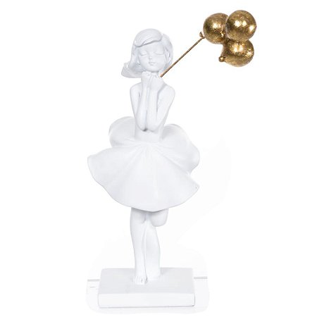 ESCULTURA DECOR MENINA C/ BALOES RESINA BRANCO DOURADO 24cm