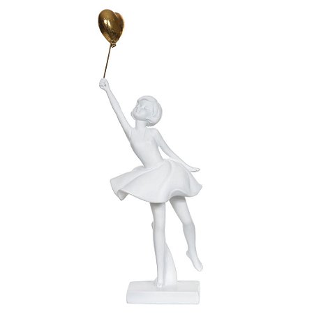 ESCULTURA DECOR MENINA C/ BALAO RESINA BRANCO DOURADO 27,5cm