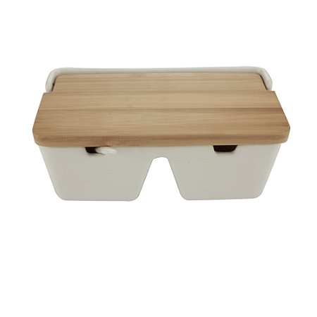 SALEIRO C/2 DIVISORIAS EM CERAMICA E TAMPA DE BAMBU C/COLHER