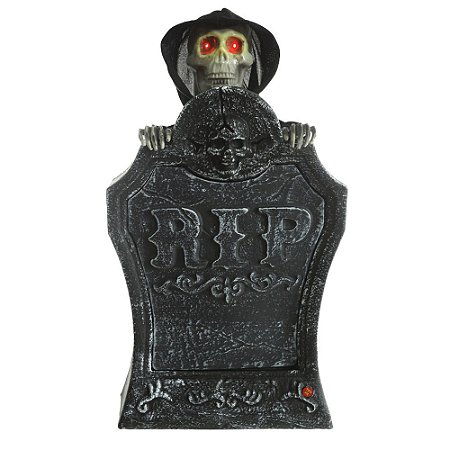 LAPIDE PRETA DE CAVEIRA C/MOVIMENTO HALLOWEEN C/LED 26CM