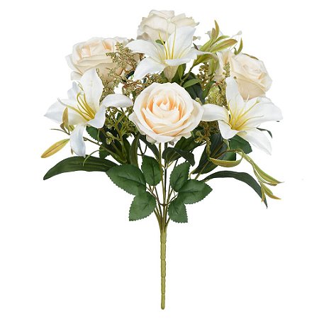BUQUE DE FLORES ROSAS E LIRIOS X9 CREME 40cm