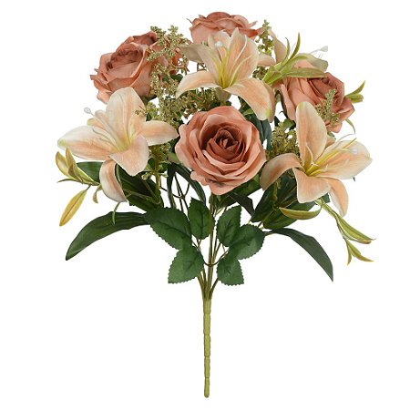 BUQUE DE FLORES ROSAS E LIRIOS X9 CHA 2 TONS 40cm