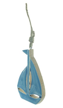 ESCULTURA DECORATIVA P/ PENDURAR BARCO EM MADEIRA AZUL 15cm
