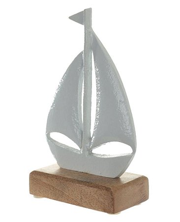 ESCULTURA DECORATIVA BARCO EM METAL BRANCO BASE MADEIRA 17cm