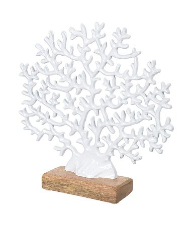 ESCULTURA DECORATIVA ARVORE EM METAL BCO BASE MADEIRA 25cm