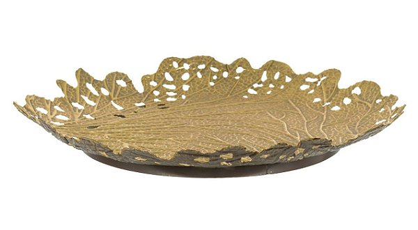 BANDEJA DECORATIVA FOLHA REDONDA VAZADA METAL DOURADA 39,5cm