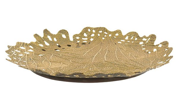 BANDEJA DECORATIVA FOLHA REDONDA VAZADA METAL DOURADA 49,5cm