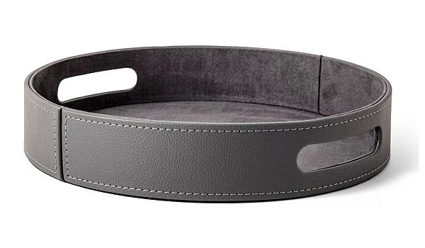 BANDEJA EM MDF REDONDA C/ REVESTIMENTO EM PU CINZA MART 36cm