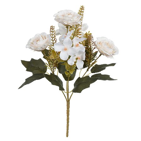 BUQUE DE FLORES ROSA HORTENSIA X5 CREME OUTONO 28cm