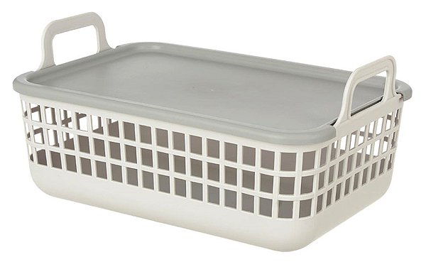 CESTO ORGANIZADOR PLASTICO EMPILHAVEL 9 LITROS C/TAMPA CINZA